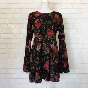 F21 Floral Rose Retro Bell Sleeve Mini Dress